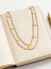 1条复古简约亮面金属双层链项链，配有多个心形吊坠，适合女性日常佩戴、约会、情人节及作为礼物，采用OPP袋包装。 - 金色 - 查看 1