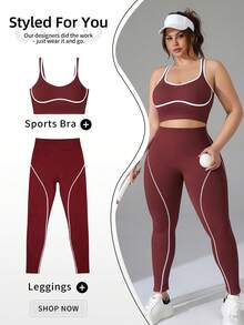 Plus Size Women's Seamless Sports Camisole, Contrast Color Trim, U-Back Design, Unlined, Suitable For Yoga & Running - Redwood - View 7