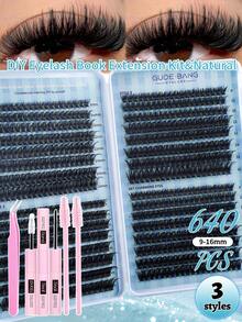 640 Clusters D Curl Individual Lash Clusters 50D60D80D, 8/10/12/14/16MM Mixed Style Lash Kit DIY At Home Grafting Lash Clusters Book, Diy Long-Lasting Eyelash Extensions, High Capacity Natural Clusters Lashes With Eyelashes Glue, Tweezer, Eyelash Brushes Kit, Easy To Use For Starter Makeup Beauty, Enlarge Eyes False Lashes Extensions Suit Suitable For Daily Outings, Travel, Photography, Gatherings, Weddings, Travel Carry And Makeup - 彩色 - 查看 2