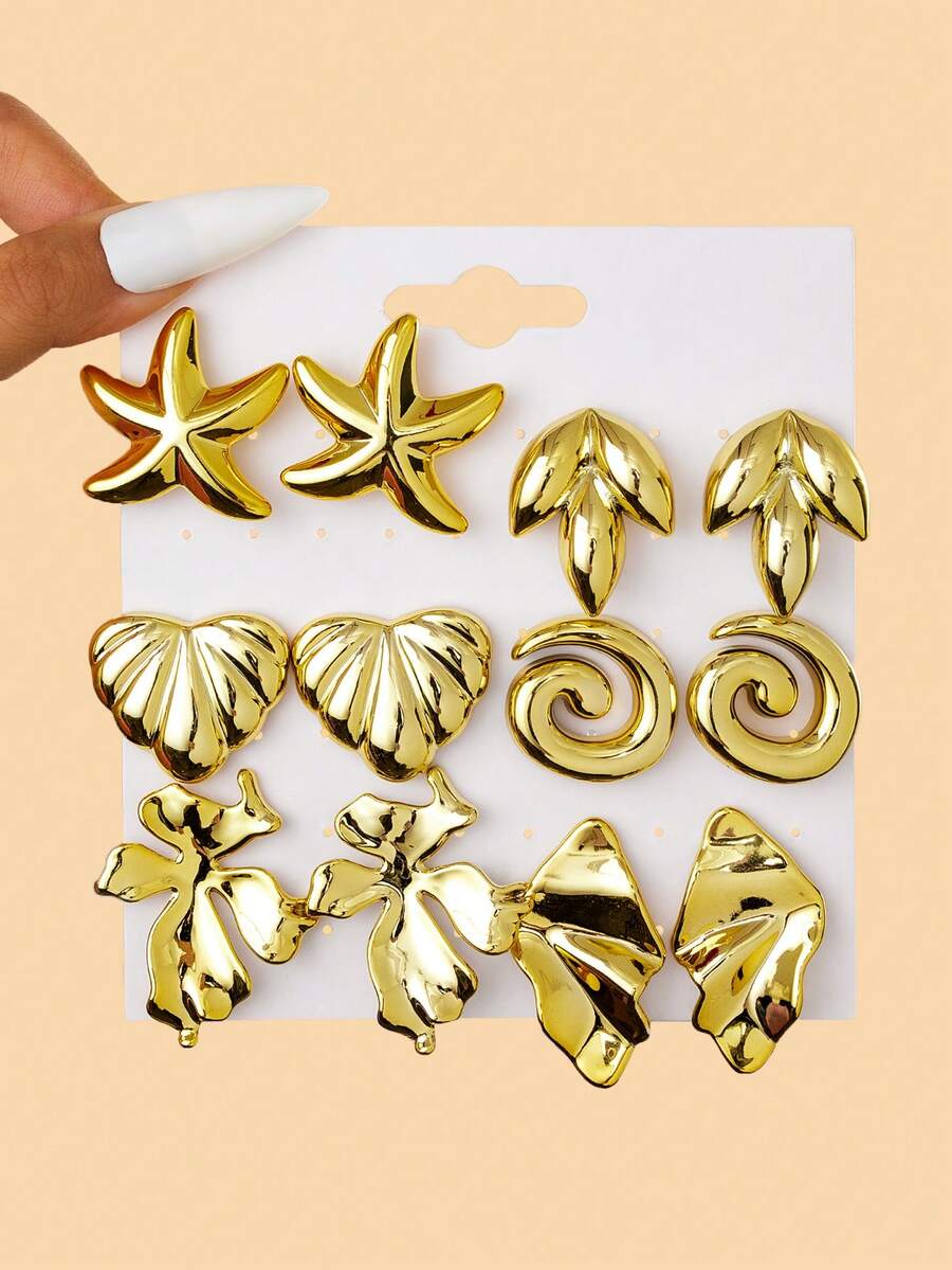 6对波西米亚海滩风CCB海星树叶耳钉套装，适合日常佩戴和度假 - 彩色 - 查看 1