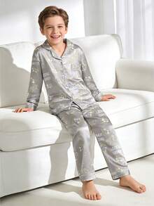 2pcs Tween Boy Gray Video Game Print Long Sleeve Pajama Set - Multicolor - View 4