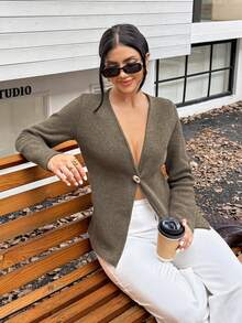 卡其色V领单排扣针织开衫，修身简约风格长袖外套 - 卡其色 - 查看 1