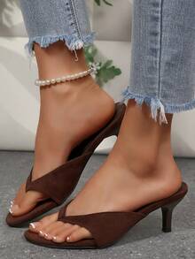 Women's Sexy Kitten Heel Flip Flops Round Open Toe Low Heel Sandals Comfortable Thong Heels For Causal Business Vacation Shoes - màu nâu - Xem 5
