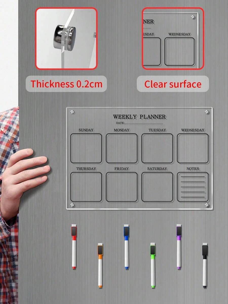 1pc Weekly Planner Acrylic Decorative Magnetic Sticker (Comes With 6 Magnetic Whiteboard Pens), Erasable Transparent Waterproof Refrigerator Sticker, Memo Board, Whiteboard For Home Use - I - View 1