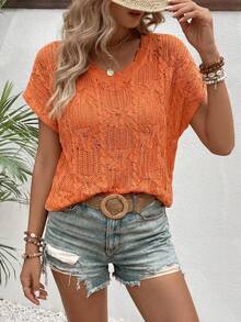 Batwing Sleeve Pointelle Knit Top - Orange - View 1