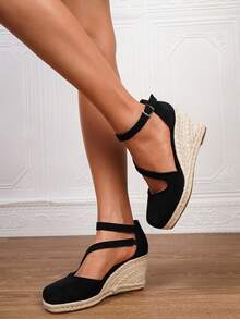 女士厚底坡跟一脚蹬鞋，女士坡跟厚底凉鞋，简约踝带草编鞋，人造革坡跟凉鞋，夏季度假黑色方头一脚蹬踝带鞋，3.15英寸鞋跟，舒适编织草镂空鞋，尺码34-43，大码及常规女鞋，女士高跟鞋，女士高跟凉鞋，女士高跟鞋，优雅女鞋 - 黑色 - 查看 7