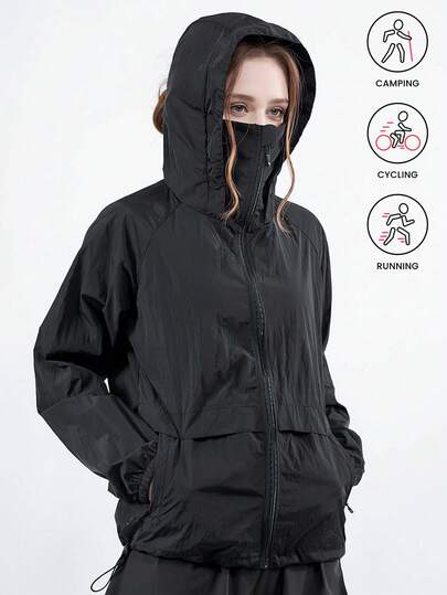 Women's Summer Lightweight Packable Hooded UV Sun Protection Jacket, Nylon Breathable Cooling Skin Coat With Zipper Pockets, Air Conditioner Outdoor Sportswear & Beach Cover Up For Women, Ideal For Hiking, Cycling, Camping, Travel And Sun Shade Black