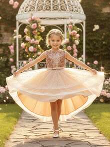 青少年女孩无袖亮片网眼大下摆拖尾公主派对礼服，青少年伴娘婚礼正式礼服 - 金色 - 查看 5