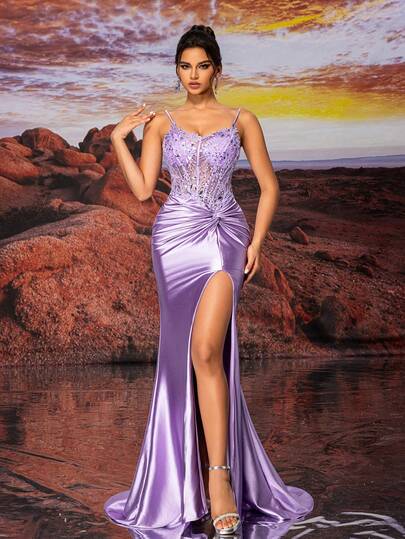 Vestido de tirantes morado con bordado de cuentas y lentejuelas, diseño de abertura en la falda con bordado eléctrico para resaltar la forma de la pierna, vestido de noche resistente, vestido de noche floral romántico y lindo con adornos para fiesta de cumpleaños, festival de música, cóctel, cena formal