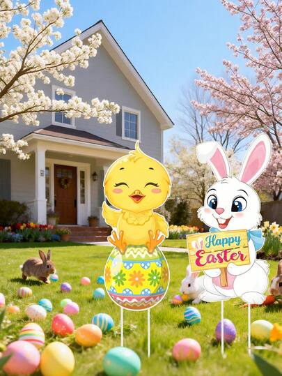 2pcs Easter Rabbit & Chicken Yard Decoration Set, Plastic Pole-Mounted Easter Party Scene Props, Featuring Cute Rabbit Standees, Easter Egg And Chicken Design,2D Flat, Perfect For Easter Party Decor,Home Easter Decorations,Festive Lawn Decorations,Easter Party Supplies,Spring Bunny Decor,Easter Gifts