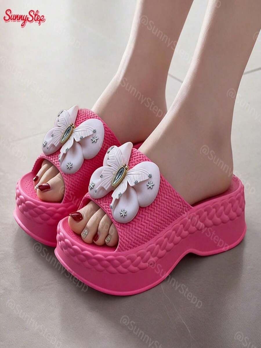 Chanclas de plataforma para mujer con diseño de mariposa suaves antideslizantes cómodas para hogar baño y uso diario - Rosa Fucsia - Ver 1