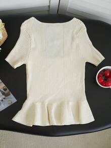 New Spring/Summer Korean Style Women Slim Fit Ruffle Trim Knit Top - Apricot - View 7