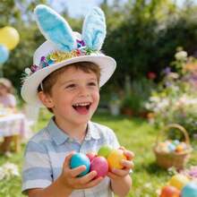 Easter Kids Bunny Ear Hat, Cute Colorful Sequins Wide Brim Cowgirl Hat Western Hat For Girls Boys - 藍色 - 查看 2