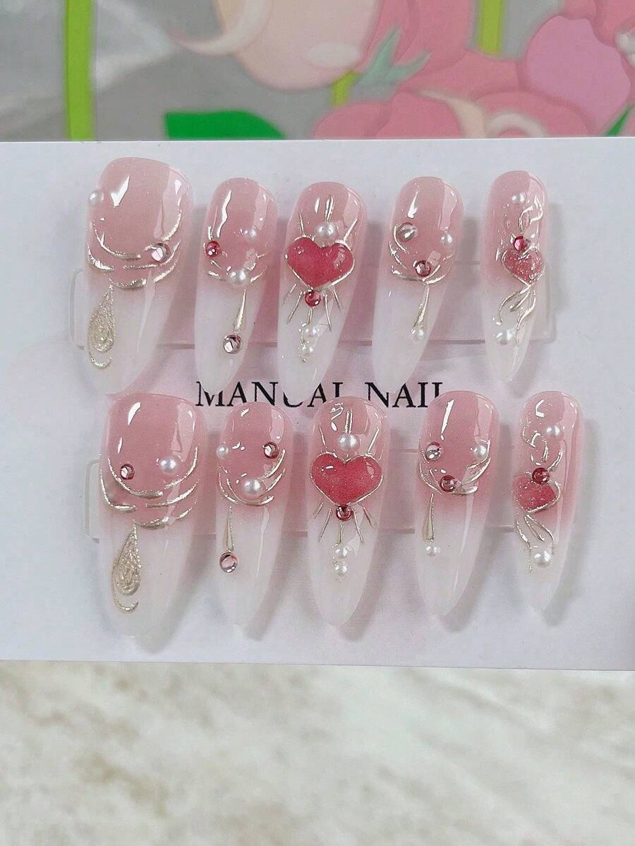Bộ 10 miếng dán móng tay hình hạnh nhân dài, thủ công, thanh lịch, phong cách Y2K, họa tiết trái tim màu hồng và vàng chuyển sắc với ngọc trai bất đối xứng, phù hợp cho các lễ hội âm nhạc, tiệc tùng, cosplay, sinh nhật, hẹn hò, bà bầu, có thể tái sử dụng với dũa móng và keo dán gel. - Nhiều màu - Xem 1
