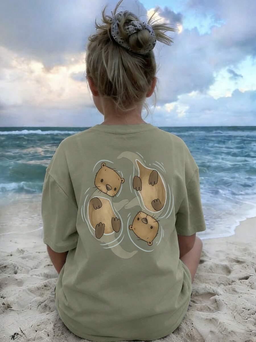 Tween Girls Casual Printed Round Neck Short Sleeve T-Shirt, Summer Top - Olive Green - View 1