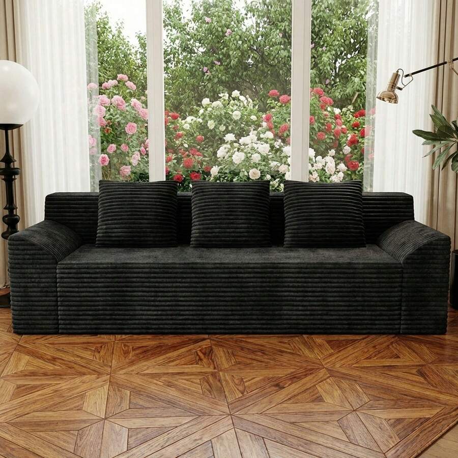 71 Inch 3-Seater Sofa, Corduroy Fabric Modular Sectional Sofa, Deep Seat Couch No Assembly Required For Living Room, Bedroom, And Apartment - Black Slanted Handrail - View 1