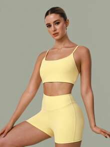 2 PCS CO Ord Set Women's Classic Spaghetti Strap Backless Sports Bra And High Waist Deep V Butt Lift Line Running Fitness Cycling Short - Yellow - View 5