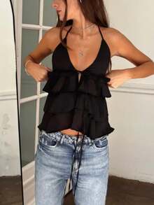 Women's Ruffle Halter Neck Tops, Y2K Sheer Lightweight Silk Tank Tops, Sleeveless Open Back Layered Ruffle Hem Cami Tops, Adjustable Tie-Front Crop Tops, Cute Petal Blouse, Summer Shirts - đen - Xem 8