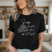1PC Camiseta de Algodón Unisex para Mujer, Diseño de Árbol de Navidad con Estetoscopio y Luz Brillante, Camiseta Negra para Enfermeras y Médicos, ! Camiseta estampada de manga corta, casual y elegante para mujer. - Negro - Ver 7