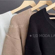 SJD MODA LADY Women's Striped Modal Knit Sweater, 4-Button Cropped Jacket, Solid Blouse For Women, Perfect For Autumn, Winter, La Top, Off-The-Shoulder, Round Neck, Long Sleeves, Daily Wear, Office, Magazine Style, , Romantic, Retro, Casual, Chic, College, Minimalist, Versatile, Korean, Y2K, Teen, Youth - 黑色 - 查看 3