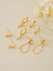 Bộ 8 bông tai dây chuyền ngọc trai giả và đá Cubic Zirconia thanh lịch, trang sức tối giản thời trang dành cho nữ, thích hợp cho hẹn hò, du lịch, mặc hàng ngày, dự tiệc, kỷ niệm, quà tặng ngày lễ. - Vàng - Xem 5