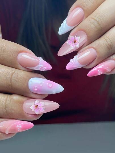 10pcs French Stiletto Glossy Acrylic False Nails, Medium Almond Shape, 3D Colorful Floral Ombre & Water Wave Design, Fashionable Y2K Fresh Style, Suitable For Women & Girls Daily Wear Nail Supplies