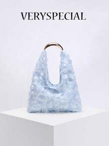 1 chiếc túi xách tay hình trăng khuyết bất đối xứng đính sequin màu xanh dương chất lượng cao, quai kim loại, thích hợp để phối cùng váy công sở, đi làm hàng ngày, đi mua sắm, hẹn hò, uống trà chiều. - Màu xanh nhạt - Xem 8