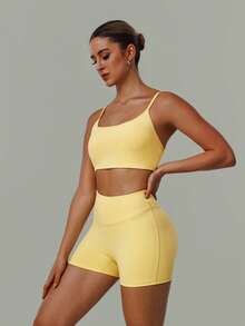 2 PCS CO Ord Set Women's Classic Spaghetti Strap Backless Sports Bra And High Waist Deep V Butt Lift Line Running Fitness Cycling Short - Yellow - View 6