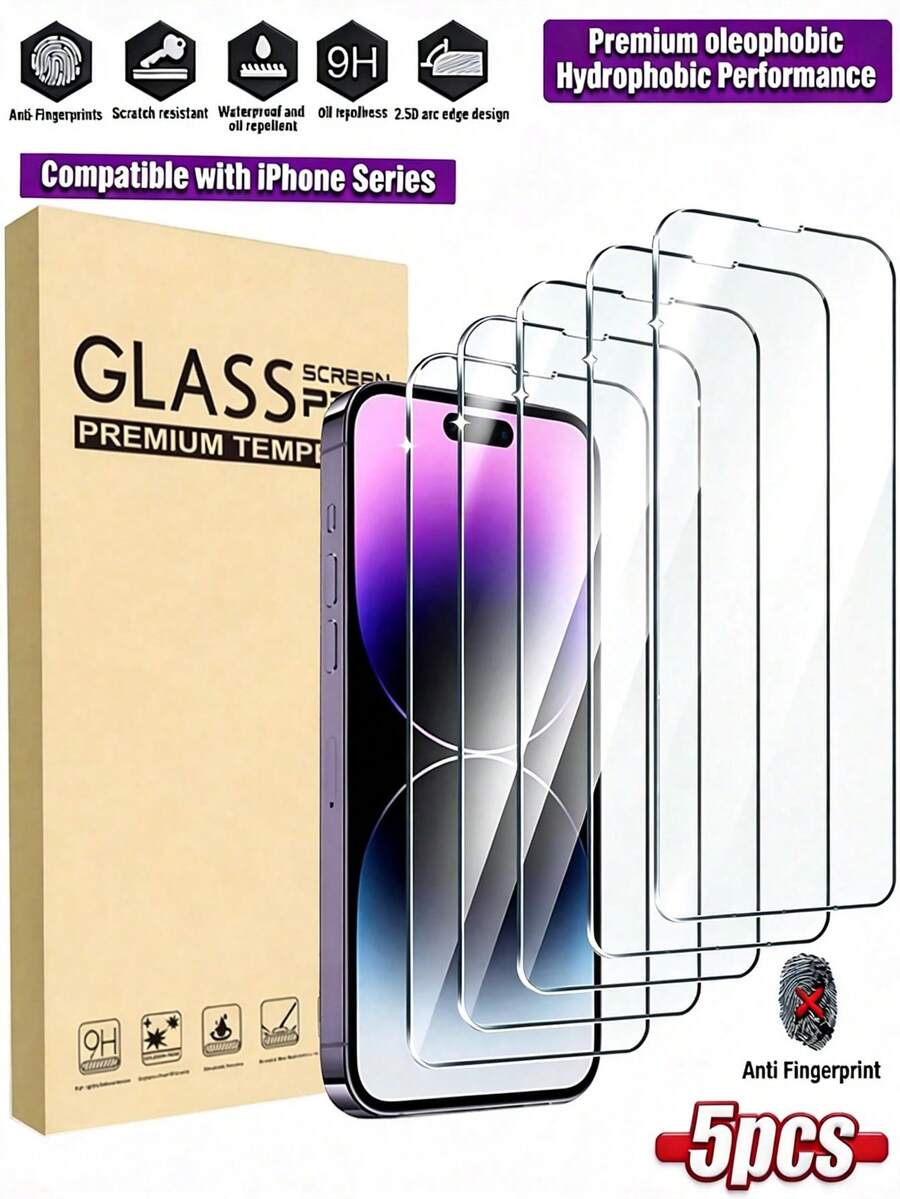 5pcs High Definition Tempered Glass Screen Protector, Compatible With Apple Devices, Anti-Scratch, Anti-Collision, Oleophobic Coating, Smooth Touch, Suitable Compatible With Apple X/XR/11/12/13/14/15/16/16Plus/16Pro/16ProMax/16e/17/17 Air/17 Pro/17 Pro Max Series - Clear - View 1