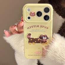 GUCADI 3D Embroidered Yellow-Brown Cat Apple 17 Phone Case, Suitable For IPhone 15, 16 Pro Max, Embroidered Cartoon, Anti-Fall Soft Shell, Animal, Cartoon, Letter, Cute, Girly, Polka Dot, 3D, Geometric, Graffiti - Lemon Yellow - View 5