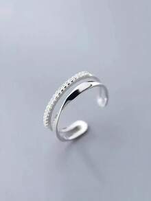 1枚S925纯银极简扭曲双层戒指，女士精致镂空立方氧化锆开口戒指 - 雙層 - 查看 2