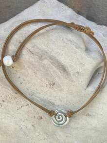 1pc Minimalist Spiral Faux Pearl Leather Bohemian Style Pendant Necklace, Suitable For Beach Vacation, Gift, Party, And Daily Wear - Multicolor - View 4