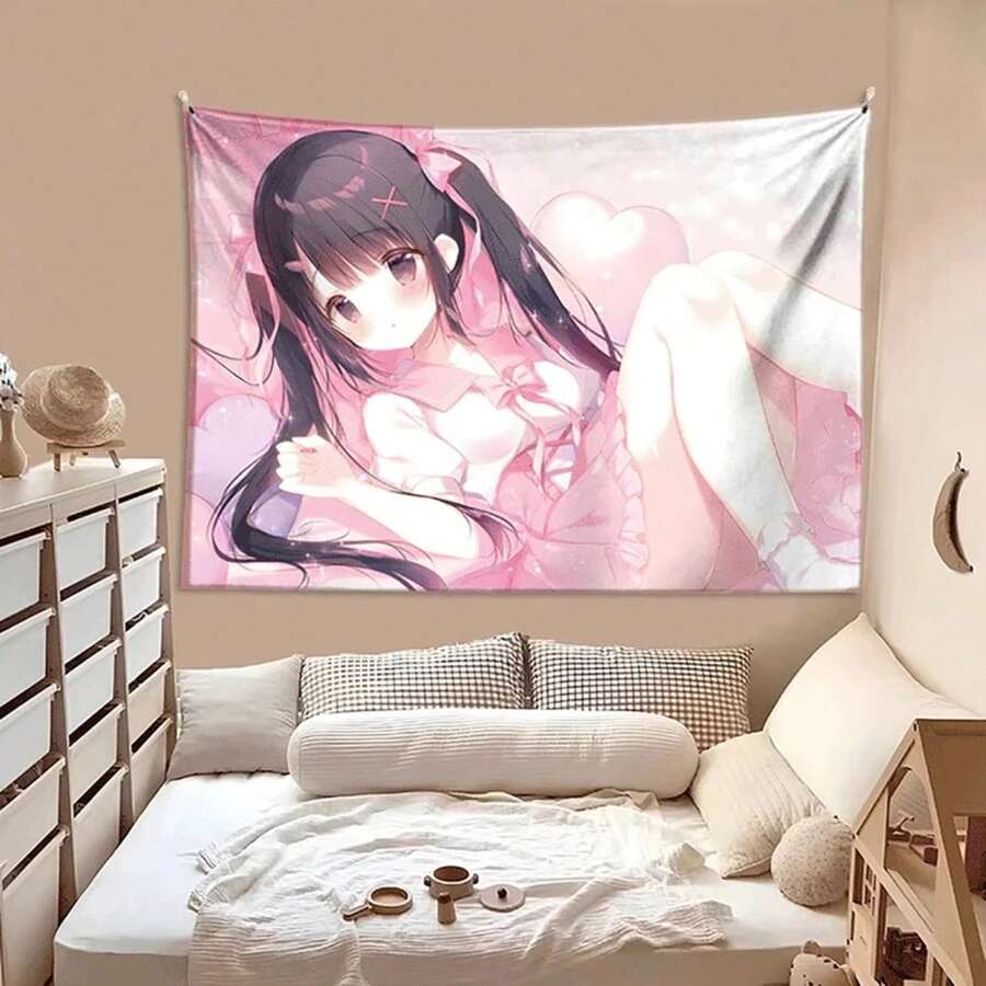 Kawaii Style Girl Hanging Cloth Cartoon Dormitory Bedroom Bedside Tapestry Wall Background Cloth Rental House Decorative Cloth - gt-1 - Xem 1