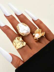 14/7/3pcs Vintage Elegant Exaggerated Coin-Inspired Women Metal Rings, Containing Floral, Asymmetric, Pearl, Pleated, Wide, Hollow, Asymmetrical Geometric Multi-Elements Open Design, Suitable For Daily, Party, Wedding, Holiday Wear, Gift - Gold - View 9