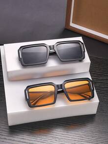 两副男士厚框方形时尚眼镜，黑色镜框，有色亚克力镜片，时尚眼镜，附赠眼镜盒 - 彩色 - 查看 5