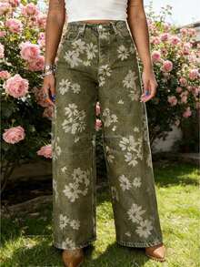 Women's Jeans With Pockets Stylish Floral Print Mid Rise Casual Barrel Leg Denim Pants - 綠色 - 查看 1