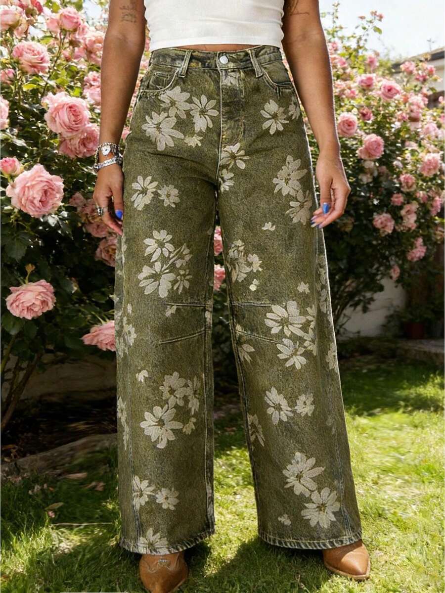 Women's Jeans With Pockets Stylish Floral Print Mid Rise Casual Barrel Leg Denim Pants - 綠色 - 查看 1