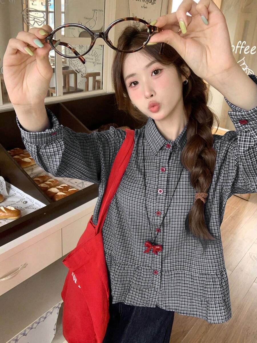 女士春夏蓝色格子荷叶边拼接衬衫，新款休闲通勤长袖露脐上衣，适合秋季穿着，黑色 - 黑色 - 查看 1