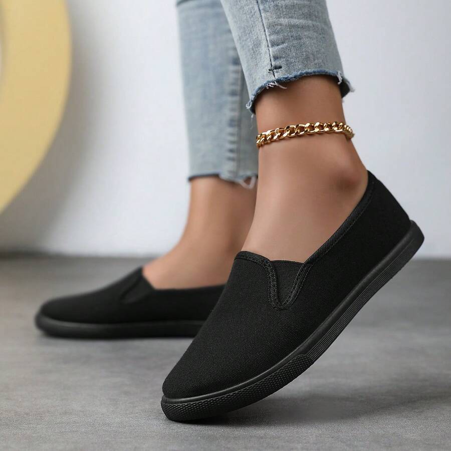 Zapatos de lona para mujer, zapatos deportivos planos, zapatos de trabajo versátiles y casuales, zapatos para exteriores, zapatos de enfermera, zapatos ligeros de slip-on - Todo negro - Ver 1