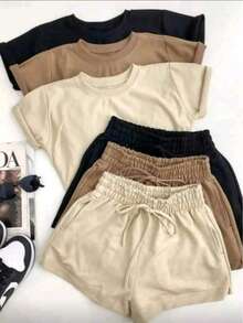 Cropped Top And Sweat Shorts Set, Comfortable Fit And Casual Style. - Rust Brown - View 6