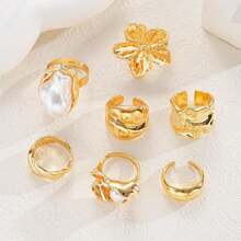 14/7/3pcs Vintage Elegant Exaggerated Coin-Inspired Women Metal Rings, Containing Floral, Asymmetric, Pearl, Pleated, Wide, Hollow, Asymmetrical Geometric Multi-Elements Open Design, Suitable For Daily, Party, Wedding, Holiday Wear, Gift - Gold - View 6