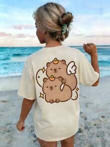 Camiseta de manga corta con cuello redondo y estampado casual para niñas preadolescentes, top de verano - Albaricoque - Ver 9