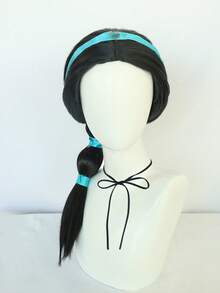 戴皇冠公主假发、长马尾辫假发、耐热纤维假发、黑色编织蓝珠假发、嘉年华角色扮演假发（黑色/编织） - 黑色 - 查看 12