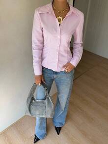 Áo sơ mi dài tay kẻ sọc buộc dây phía sau phong cách Y2K mùa hè dành cho nữ của Sunny Girly, kiểu dáng preppy màu hồng, phù hợp cho công sở, dạo phố và đi làm. - Hồng - Xem 6