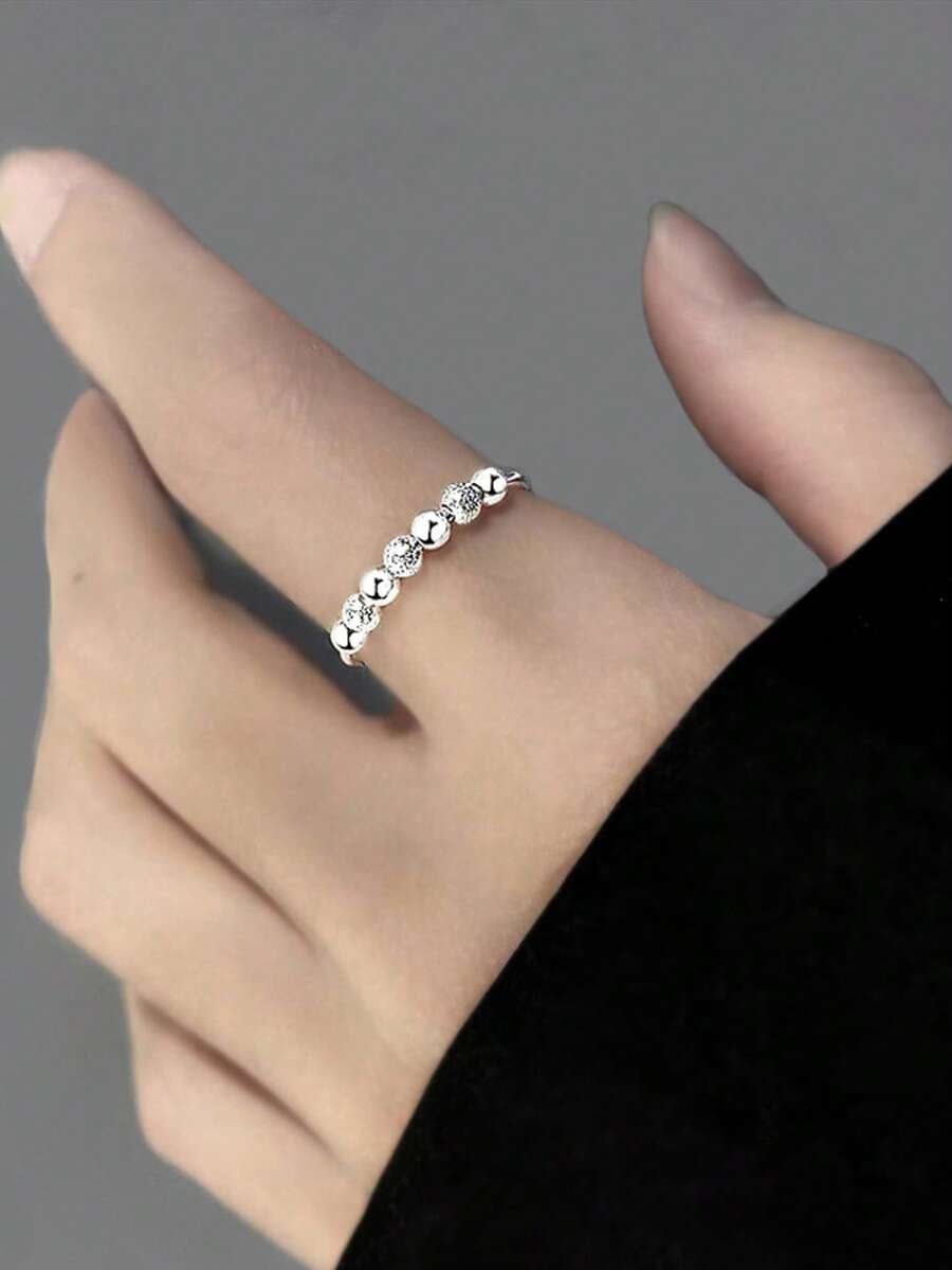 FOREVER QUEEN 925 Sterling Silver Anti-Anxiety Rotating Bead Ring, Adjustable Minimalist Ring For Men & Women To Relieve Anxiety