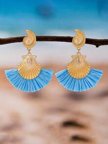 1 par de pendientes retro con forma de abanico, con borlas largas de rafia y conchas - Amarillo Oro - Ver 2