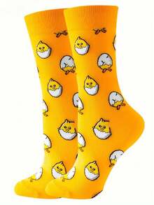 2 Pairs Frog Hatching Chick Pattern Mid-Calf Socks, Cute Cartoon Couple Socks, Breathable Moisture-Wicking - Multicolor - View 6