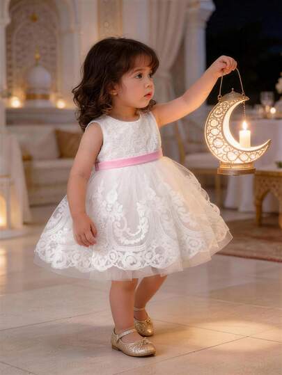 Baby Girls' Pink Bow Tulle Party Dress, Elegant & Cute Princess Dress, Suitable For Baby Girl's 1st Birthday, Wedding, Party, Holiday Celebration