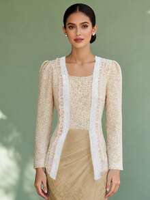 Kobayashi 女士 - 提花优雅提花蕾丝拼接长袖衬衫 - 白色 - 查看 3