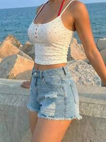 Shorts vaqueros casuales de mujer con bolsillos, pierna ancha y efecto desgastado - Lavado ligero - Ver 2